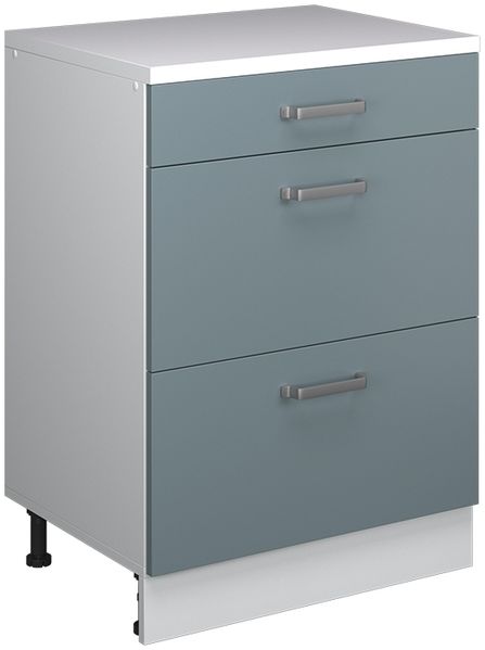 Küchenschrank für Dachschrägen R-Line Blau-Grau 60 cm ohne Schräge mit 3 Schubladen Vicco