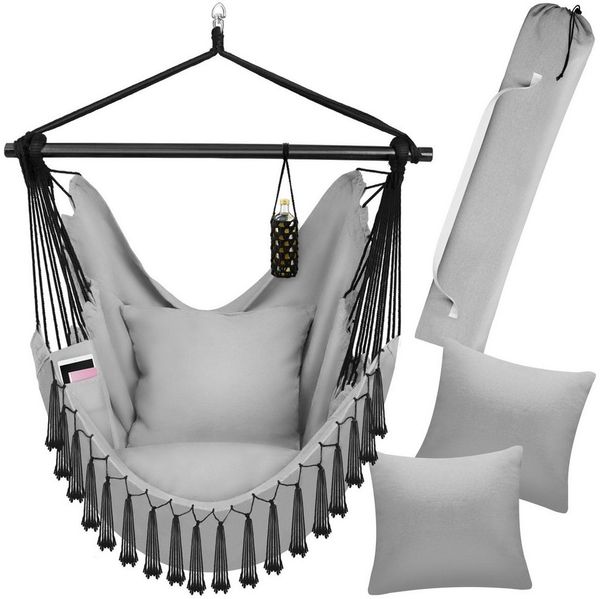 tectake Hängesessel Hängeschaukel, Belastbarkeit 150 kg, ca. 100 x 150 x 150 cm (Hängestuhl Malika, in Grau), dicke Kissen, mit Bücherfach & Flaschenhalterung, inkl. Tragetasche