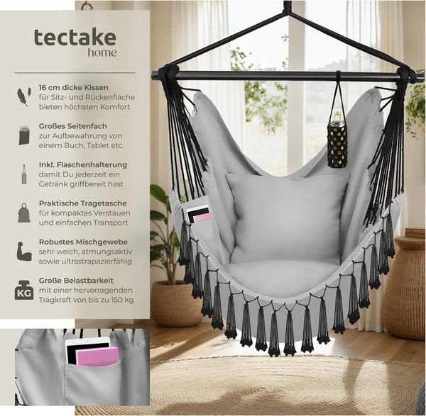 tectake Hängesessel Hängeschaukel, Belastbarkeit 150 kg, ca. 100 x 150 x 150 cm (Hängestuhl Malika, in Grau), dicke Kissen, mit Bücherfach & Flaschenhalterung, inkl. Tragetasche Bild 2