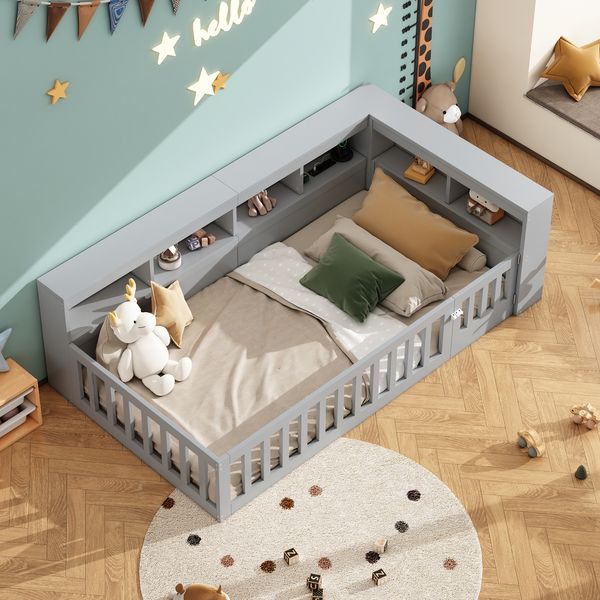 Kindereinzelbett 90×200 cm aus Spanplatte und MDF mit USB-Anschluss, Steckdose und Stauraum, grau