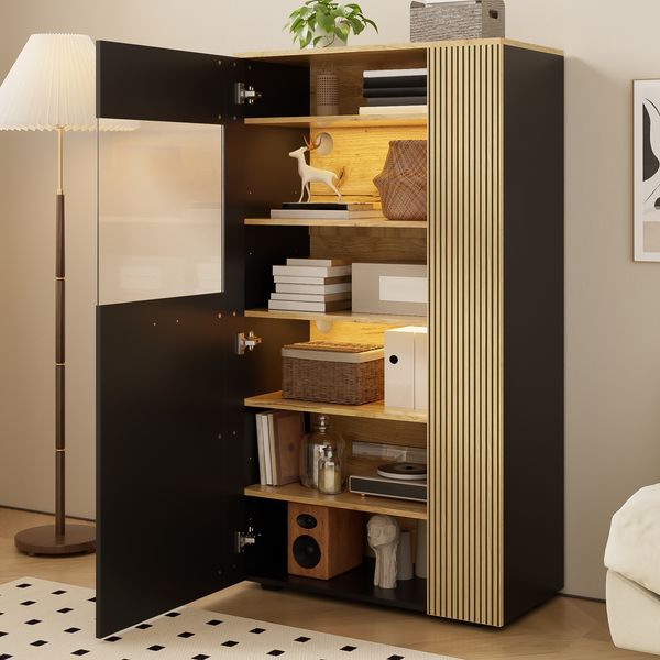 Aufbewahrungsschrank mit Glas, LED-Beleuchtung & Kabelmanagement, 80x40x146 cm, Schwarz/Natur