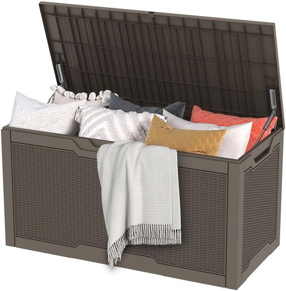 DWVO Gartenbox Auflagenbox Aufbewahrungsbox Kissenbox Outdoor Gartentruhe|Moderne Rattan|Wasserdicht Gasdruckfeder|Für Sitzauflagen Gartengeräte & Kinderspielzeug|380 Liter 115.4 x 55 x 58.3 cm|Hellbraun