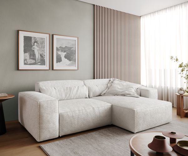 Ecksofa Sirpio 230x155 cm Bouclé Creme-Weiß Recamiere variabel