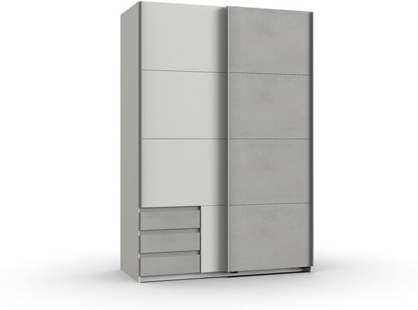 Kleiderschrank Emden in Weiß mit Beton- Schwebetürenschrank in verschiedenen Varianten wählbar - Kleiderschrank Breite 135 cm ohne Spiegel