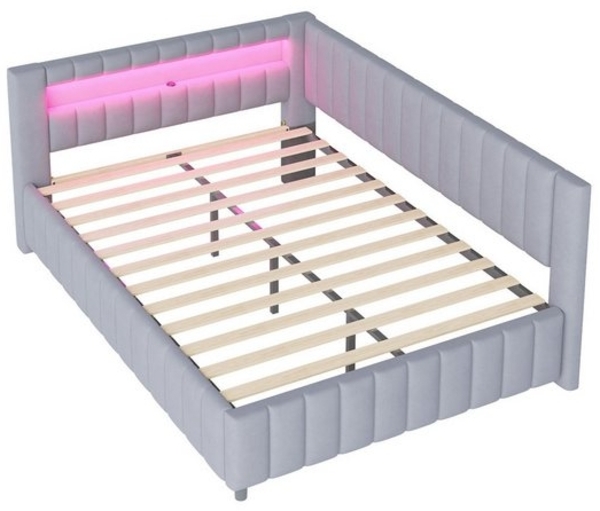 MODFU Polsterbett Kinderbett (140x200 cm mit LED-Lichtstreifen, USB-Ladeanschluss & L-förmigem Design, Polsterbett, Samtbezug, stabiler Lattenrost, Rückenlehne & Kopfteil), mit Matratze Bild 4