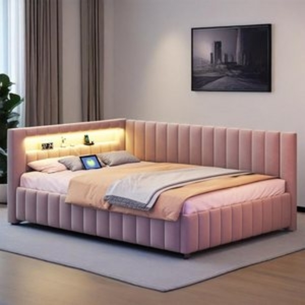 MODFU Polsterbett Kinderbett (140x200 cm mit LED-Lichtstreifen, USB-Ladeanschluss & L-förmigem Design, Polsterbett, Samtbezug, stabiler Lattenrost, Rückenlehne & Kopfteil), mit Matratze Bild 6