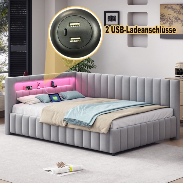 MODFU Polsterbett Kinderbett (140x200 cm mit LED-Lichtstreifen, USB-Ladeanschluss & L-förmigem Design, Polsterbett, Samtbezug, stabiler Lattenrost, Rückenlehne & Kopfteil), mit Matratze Bild 3