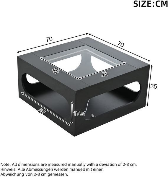 Tisch 70x70x35 cm, quadratisch, MDF, gehärtetes Glas, mit LED-Lichtstreifen und offenem Stauraum Bild 5