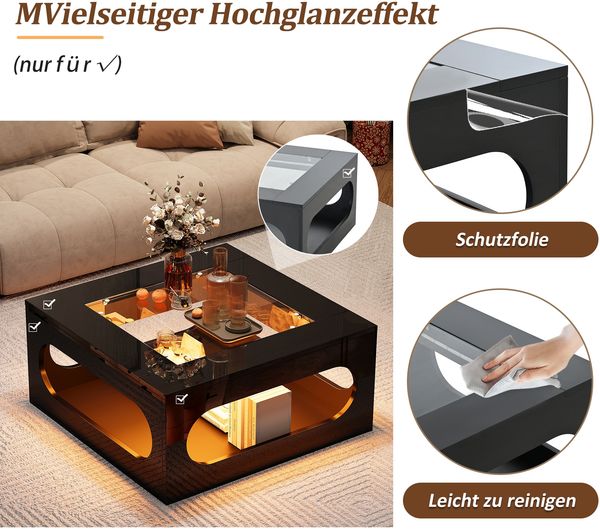 Tisch 70x70x35 cm, quadratisch, MDF, gehärtetes Glas, mit LED-Lichtstreifen und offenem Stauraum Bild 8