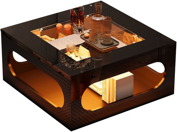 Tisch 70x70x35 cm, quadratisch, MDF, gehärtetes Glas, mit LED-Lichtstreifen und offenem Stauraum Bild 7
