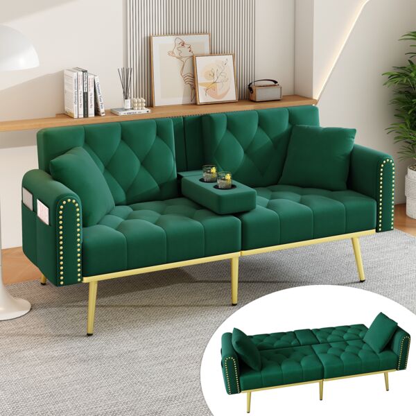 Samt Schlafsofa mit 3-fach Wippfunktion und Seitentasche, 175x80x73,5 cm, Grün