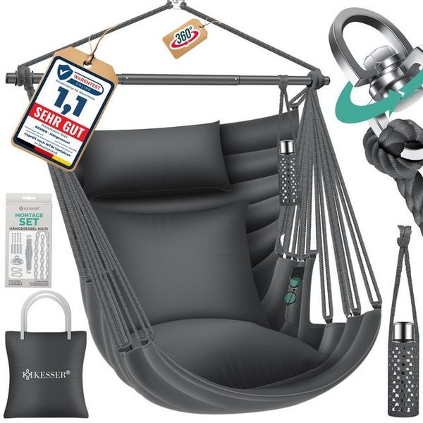 KESSER® Hängesessel Haiti 150kg Traglast, Hängestuhl 360° Drehung, Hängeschaukel Indoor-Outdoor UV-beständig & Wasserfest, Pflegeleicht, Inkl. 2 Kissen, Tragetasche, Flaschenhalter & Montage-Set Anthrazit / Anthrazit