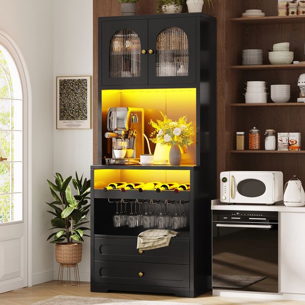 Merax Hochschrank mit gewölbten Glastüren, LED-Beleuchtung per App & Musik-Synchronisation, einstellbare Böden, Weinregal, USB-Anschluss, Kippschutz, Schwarz