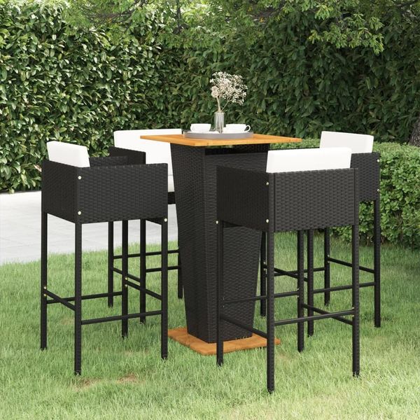 vidaXL 5-tlg. Gartenbar-Set mit Kissen Poly Rattan Schwarz 3094800
