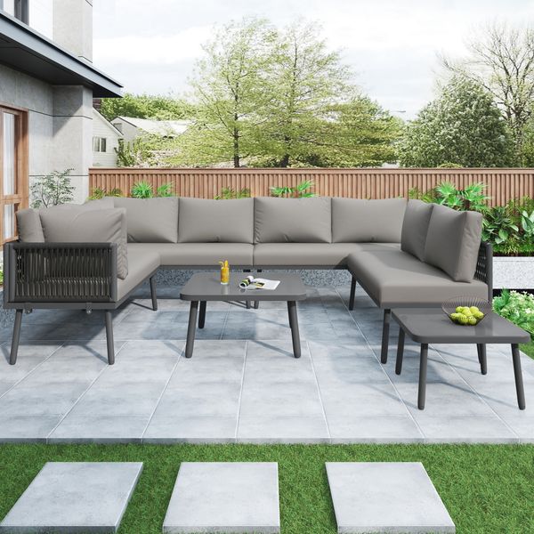 Merax Garten Loungesessel Set, Gartenlounge-Set, U-förmiges Gartenmöbel Set, balkon möbel, Wetterfestes Outdoor Ecksofa, für 8 Personen, Grau