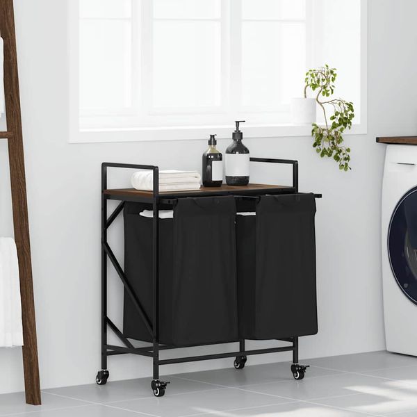 vidaXL Wäschekorb 2 Fächer mit Rädern Braune Eiche 859099