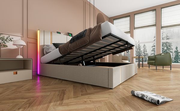 Polsterbett 180×200 cm mit Bettkasten, LED & USB/Typ-C am Kopfteil, Lattenrost,Beige