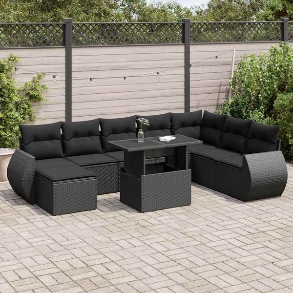 vidaXL 9-tlg. Garten-Sofagarnitur mit Kissen Schwarz Poly Rattan 3326686