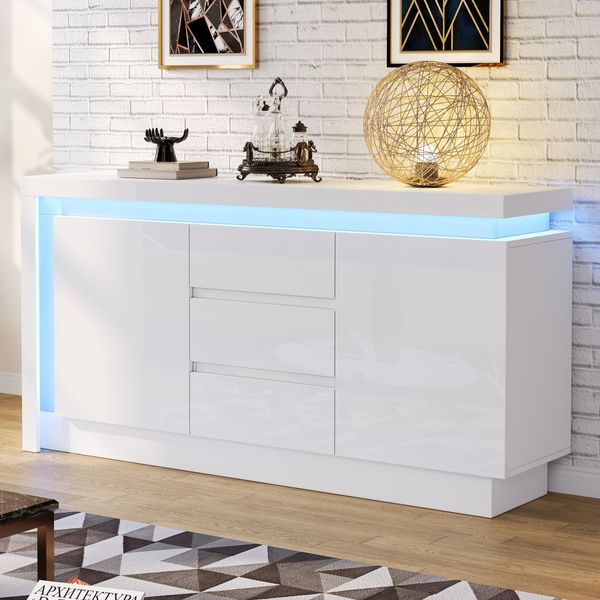 Sideboard, Kommode mit 3 Schubladen, verstellbaren Einlegeböden und 2 Türen, Hochglanz mit LED, MDF, Weiß, 140×35×72 cm