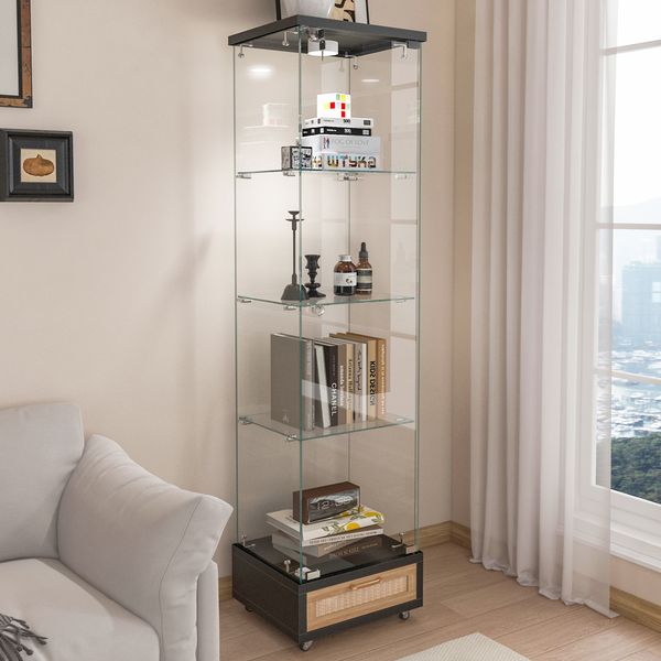 Flieks Glasvitrine mit LED, Vitrinenschrank gehärtetes Glas, mit Schublade & Rollen, Standvitrine modern, H167×B42.5×T36.5 cm, Schwarz