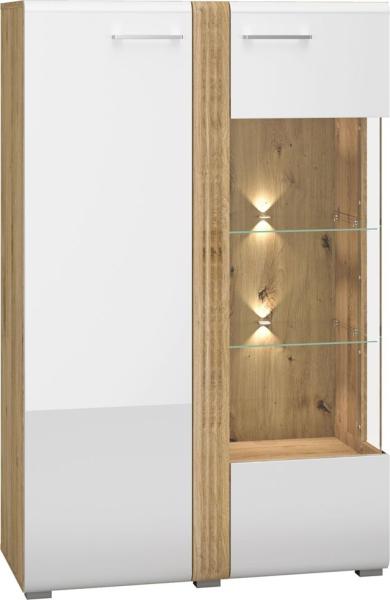 Wohnzimmer Vitrine Highboard Eiche Castello Nb. mit weiß Hochglanz AKRON-131 MDF Front mit edler Fräsung, B/H/T: ca. 92/143/42 cm