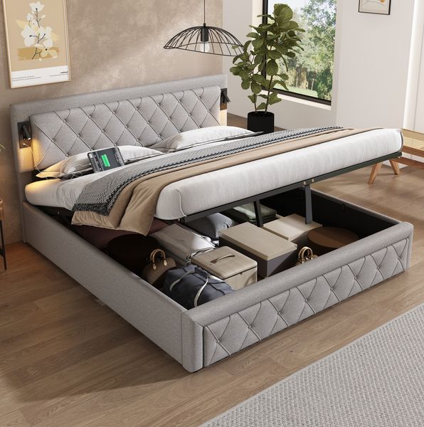 Polsterbett 180x200 cm mit Downlights, USB und Stauraum – graues Doppelbett aus Leinen
