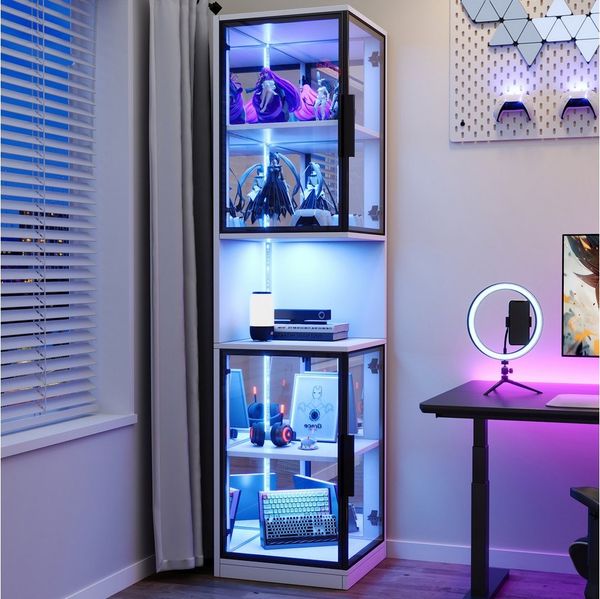 REDOM Vitrine Hohe Vitrine mit farbwechselnder LED & verspiegelter Rückwand (Packung, 1-St, Elegantes Stück für die dramatische und geschützte Präsentation) 42x205x44 cm in Weiß, mit doppelten Glastüren & Kippschutz