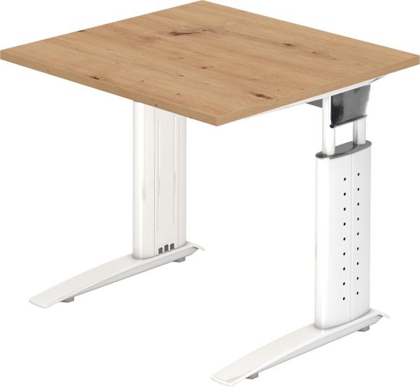 bümö höhenverstellbarer Schreibtisch U-Serie 80x80 Asteiche, Gestell in weiß - PC Tisch klein für's Büro manuell höhenverstellbar, Computertisch verstellbar, US-08-R-W