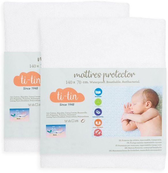 Matratzenschoner aus Baumwolle für Babykrippe | 70x140 cm | Wasserdicht | Atmungsaktiv | mit Gummi verstellbar | Anti bakteriell | 2 Stück|