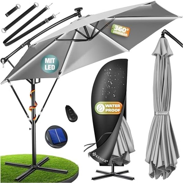 Kesser® Sonnenschirm LED Solar mit Abdeckung, Polyester / Aluminium hellgrau, Ø 300cm