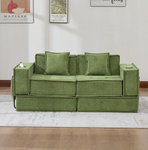 Sofa 162 x 78 x 66 cm mit 2 Kissen – modulares Chenille-Sofa in Grün mit Seitentaschen