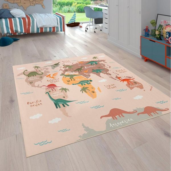 Paco Home Kinderteppich Bino 583, rechteckig, Höhe: 4 mm, Spielteppich, Motiv Weltkarte & Dinosaurier, Kinderzimmer