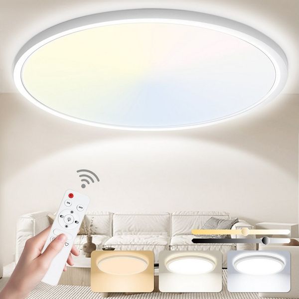 POPOLIC LED Deckenleuchte 24W 3200LM Deckenlampe Flach Dimmbar mit Fernbedienung 3000K-6500K, IP54 Ultra Dünn Schlafzimmer Lampe für Wohnzimmer Küche Badezimmer