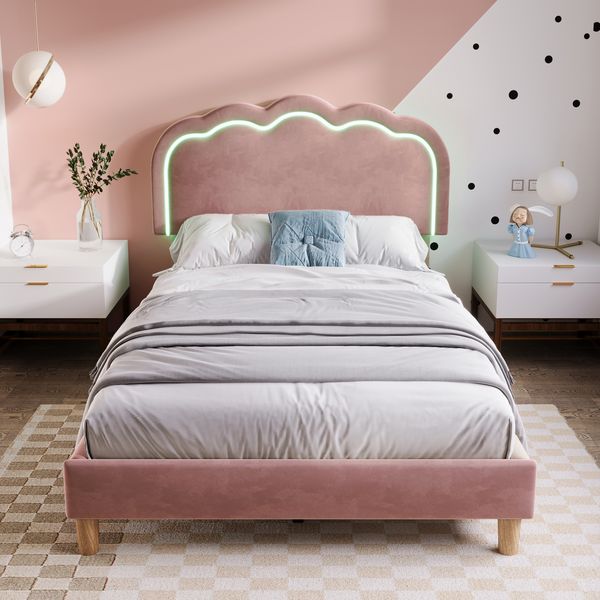 Polsterbett 90x190 cm mit LED-Kopfteil, verstellbares Kopfteil, Samt Rosa