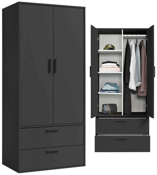 mokebo Kleiderschrank Der Kleiderheld (80x180x51 cm, 2-türig, 2 Schubladen & 4 Fächer) Garderobenschrank, Schlafzimmerschrank oder Schrank in Schwarz