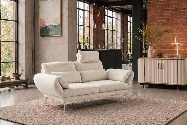 KAWOLA Funktionssofa HOLLY 2-Sitzer 1 Kopfstütze Stoff weiß 90 x 92 x 176 cm