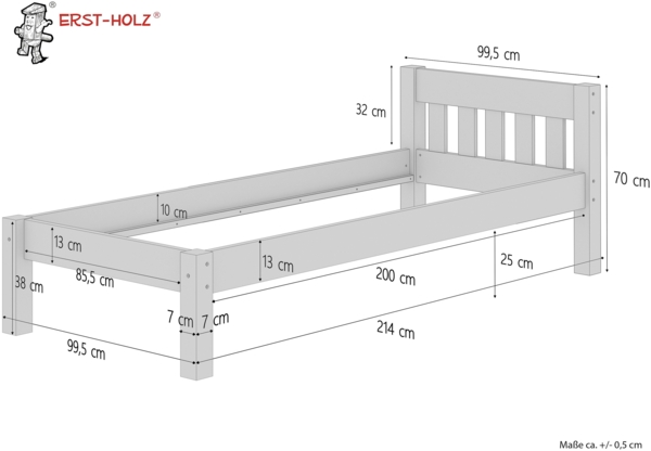 Modernes Einzelbett Massivholzbett Kiefer weiß 90x200 Futonbett Bettrahmen Rollrost 60.38-09 W Bild 5