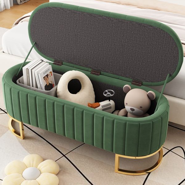 Merax Fußbank 120 x 40 cm, gepolsterte Fußbank mit Stauraum, Sofabank Bank, Samtstoff Grün