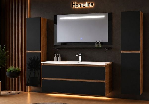 Homeline Badmöbel-Set Kaiser badmöbel, Set Eiche/Schwarz mit LED Spiegel Bad, (5-St, Bis 6 teilig), Hochglanz