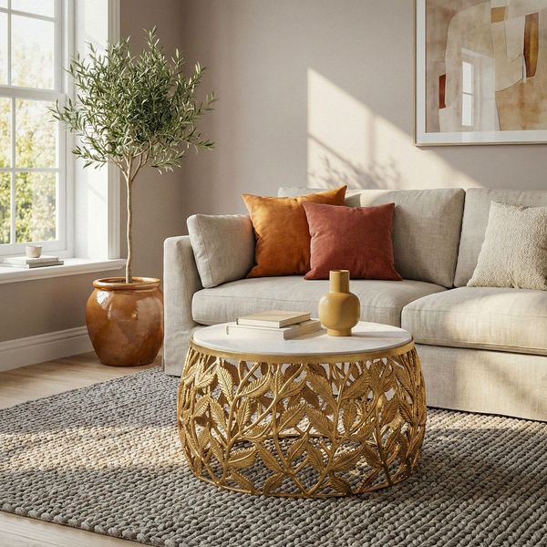FINEBUY Couchtisch FB73715 60cm Gold Marmor Sofatisch Beistelltisch Wohnzimmertisch Alu (Natürliche Materialien treffen auf modernes Design), Runder Tisch mit stilvoller und stabiler Bauweise
