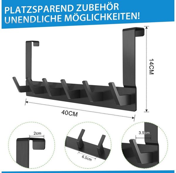 SURFOU Türhaken Kleiderhaken Tür 2er-Türhaken zum Einhängen Ohne bohren Handtuchhalter, (Rostfreiem Aluminiumlegierung badezimmer zubehör für 2 cm dicke Türen, 40*14cm tür organizer, 2-St, Tragkraft max. 10 kg, hängeaufbewahrung jackenhalter tür schwar...