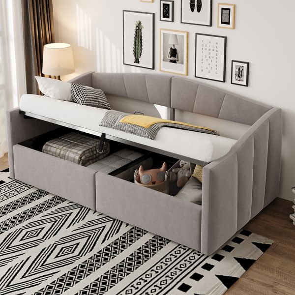 Polsterbett Sofabett 90*200 cm, Mit hydraulischer Lagerung, Mit Lattenrost und Armlehnen, Klassisch Gestreift, Multifunktionales Einzelbett, Hautfreundlicher Samtstoff, Hellgrau