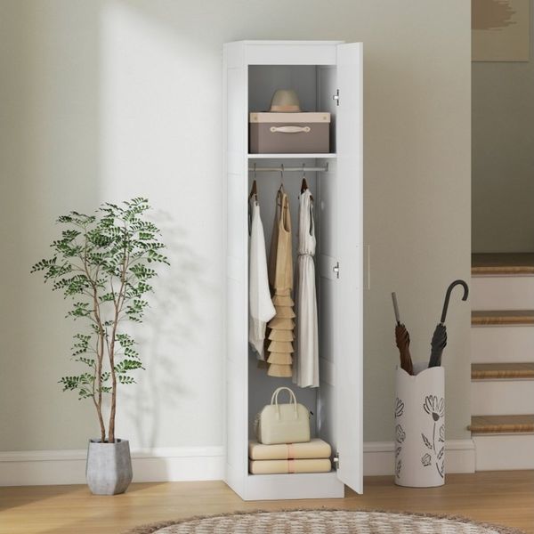 OKWISH Kleiderschrank Mehrzweckschrank 40 x 180 x 52 cm in Weiß mit Soft-Close-Tür (Packung, 1-St, Kleiderstange & Regal für flexible Aufbewahrung) Platzsparender Kleiderschrank für Flur, Schlafzimmer & Büro
