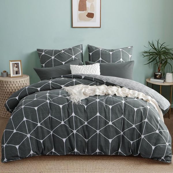 RUIKASI Bettwäsche 200x220 Baumwolle 3 teilig Anthrazit - Baumwollbettwäsche 200x220 mit Geometrie Muster, Bettbezug Set 220x200 Cotton mit Reißverschluss