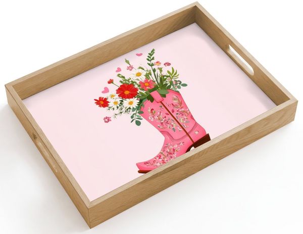 OnlyWow Tablett Rechteckig mit Henkel Cowboystiefel - Rosa - Strauß - Blumen, Eichenholz, (1-tlg), Siervierplatte, Tray, Frühstücksbrett