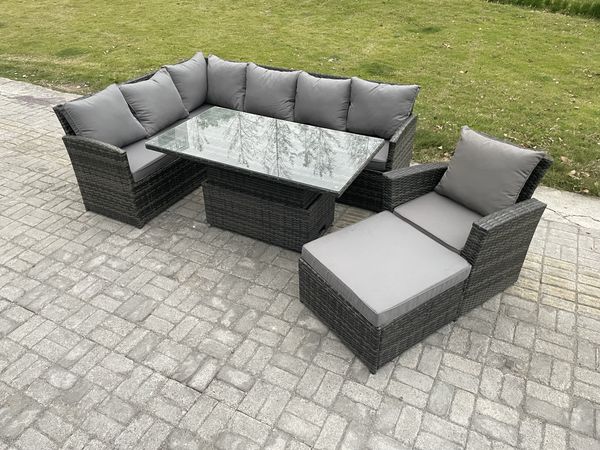 Fimous Gartenmöbel Set aus Polyrattan für den Außenbereich Höhenverstellbarer Esstisch Sofa Set mit Großer Fußhocker Sesseln Dunkelgrau gemischt