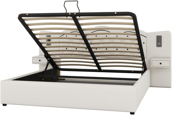 Merax Polsterbett mit Nachttischlampen und USB-Anschluss, Leinen, 180x200 cm, Beige Bild 6