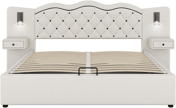 Merax Polsterbett mit Nachttischlampen und USB-Anschluss, Leinen, 180x200 cm, Beige Bild 7