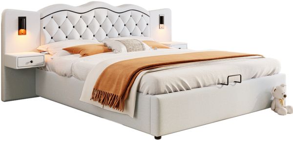 Merax Polsterbett mit Nachttischlampen und USB-Anschluss, Leinen, 180x200 cm, Beige Bild 10