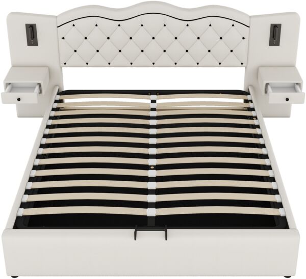 Merax Polsterbett mit Nachttischlampen und USB-Anschluss, Leinen, 180x200 cm, Beige Bild 5